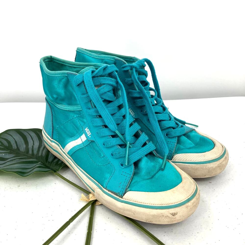 Vans Wellesley Teal Blue White Satin Lace Up High Top Sneakers Tennis Shoes